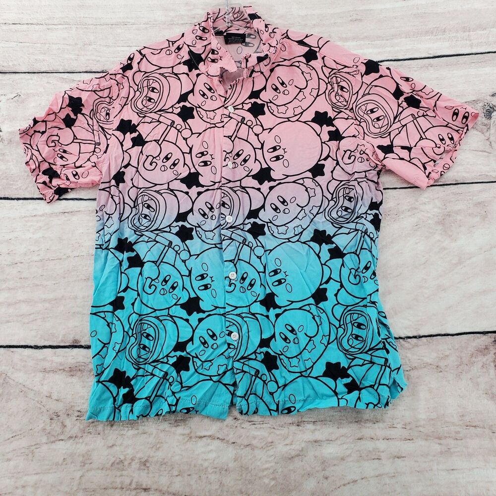 Kirby Nintendo Mens Medium Button Up Shirt Pink Teal Ombre Rayon HAL Laboratory